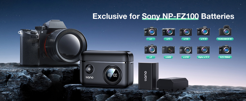 Graphic showing Sony camera bodies with battery charger and multiple camera model icons arranged on rocky coastal terrain.