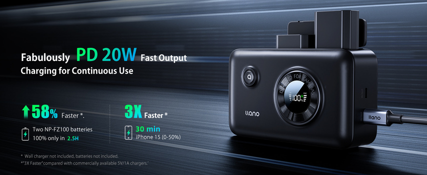 Product advertisement graphic for Llano portable power station with PD 20W charging capability and NP-FZ100 battery charging specifications.
