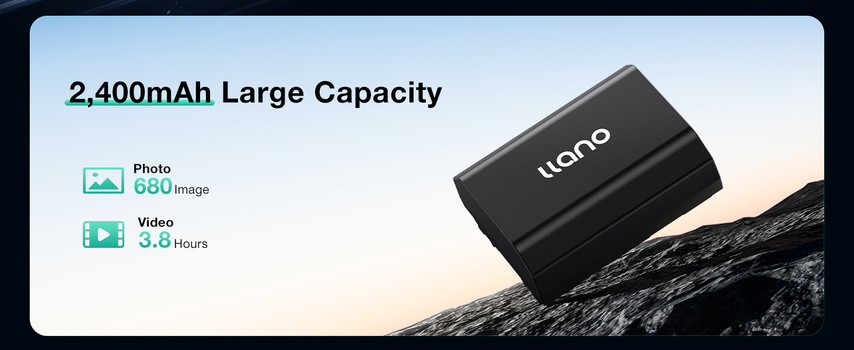 Black cylindrical battery with 2,400mAh capacity specifications displayed alongside usage metrics for photos and video.