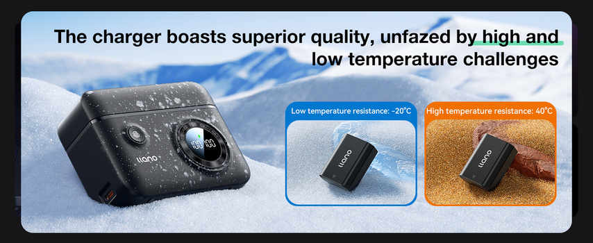 Graphic showing a portable charger in snow, plus two smaller images demonstrating low and high temperature resistance testing.