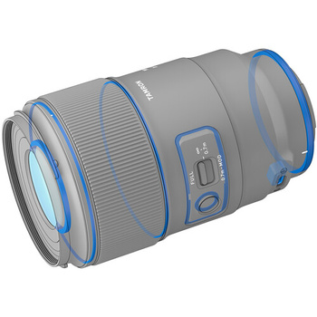 Illustration of a telephoto zoom lens with blue accent rings and control panel.