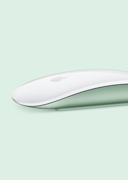 Two minimalist computer mice arranged horizontally against a pale green background.