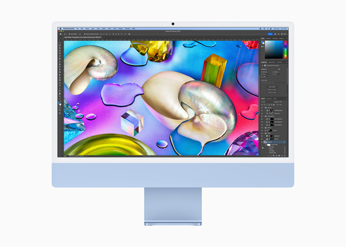 Screenshot of Adobe Photoshop displaying a vibrant 3D rendered composition with glossy objects and colorful gradient background.