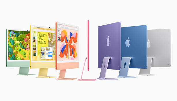Illustration of six colorful desktop computers arranged in a row, displaying vibrant product designs and interfaces.
