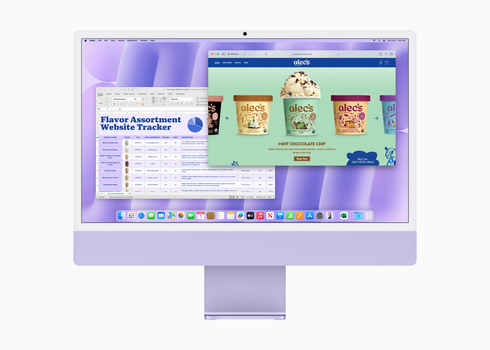Screenshot of an iMac desktop displaying a website browser window and spreadsheet application side by side.