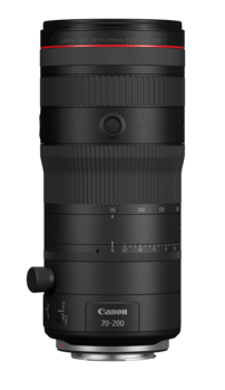 Canon RF 70-200mm telephoto zoom lens with red ring accent and focus adjustment rings.