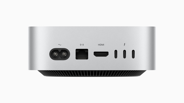 Rear panel of a compact desktop computer showing power, Ethernet, HDMI, and Thunderbolt ports.