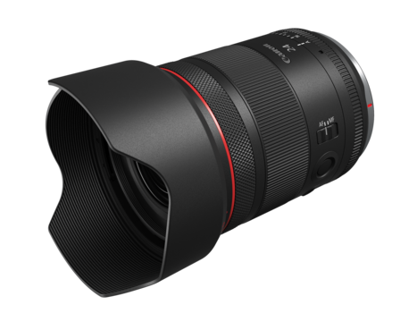 Professional telephoto lens with black barrel, red accent ring, and integrated lens hood against white background.