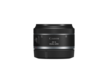 Canon RF 50mm f/1.8 STM lens with dual lens designation on barrel against white background.
