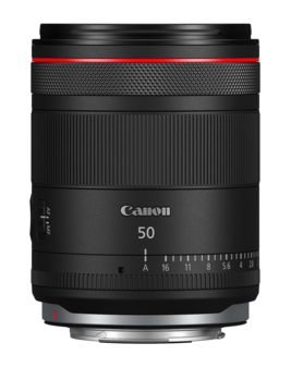 Canon RF 50mm f/1.8 STM lens with red ring and focus distance markings.