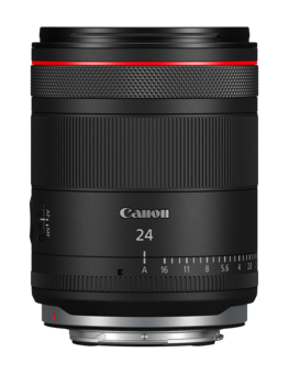 Canon RF 24mm f/1.8 macro lens with red ring and focus scale markings.