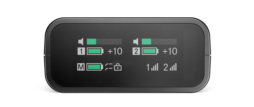 Screenshot of a wireless microphone receiver display showing battery levels and signal strength indicators.