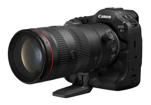 Canon EOS R1 mirrorless camera with RF-mount telephoto lens attached.