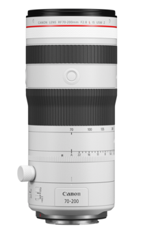 Canon 70-200mm telephoto lens with white barrel and pink stripe, shown against white background.