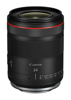 Canon RF 24mm f/1.8 Macro IS STM lens with red accent ring and distance scale markings.