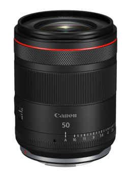 Canon RF 50mm f/1.8 STM lens with black barrel and red accent ring against white background.