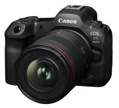 Canon EOS R5 Mark II mirrorless camera with RF-mount lens attached, shown at three-quarter angle against white background.
