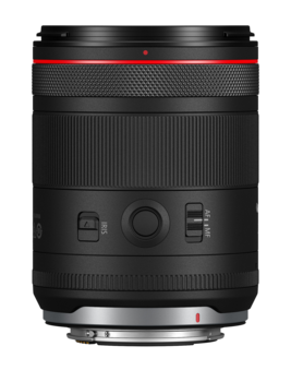 Telephoto zoom lens with red accent ring and manual control dials on black background.