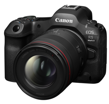 Canon EOS R5 Mark II mirrorless camera with RF lens attached, shown against white background.