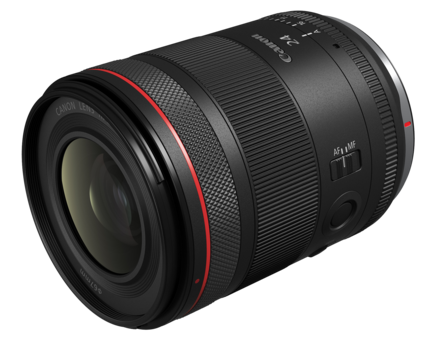 Black telephoto lens with red accent ring and glass front element on white background.