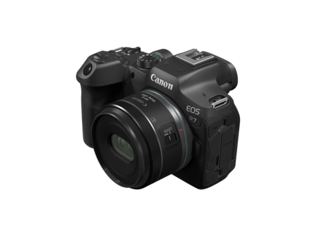 Canon EOS R7 mirrorless camera with RF 24mm lens attached, shown against white background.
