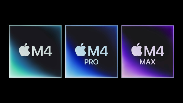 Graphic showing three Apple M4 chip variants: M4, M4 Pro, and M4 Max with gradient backgrounds.
