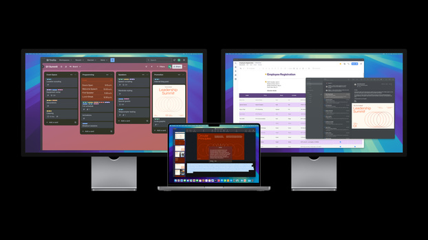 Screenshot showing a MacBook laptop flanked by two external monitors displaying various design and photography software interfaces.