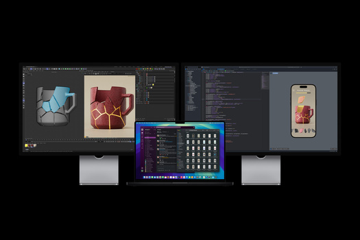 Screenshot showing a multi-monitor creative workspace with design software and illustration projects displayed.