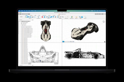 Screenshot of CAD design software displaying multiple views of a high-performance race car.