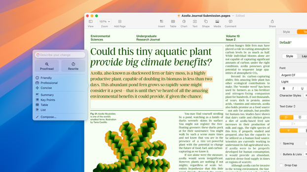 Screenshot of an Acadia Journal submission page displaying an article about azolla aquatic plant with a vibrant yellow-green plant photograph.