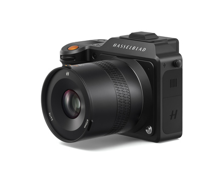 Hasselblad 907X medium format camera with attached lens on white background.