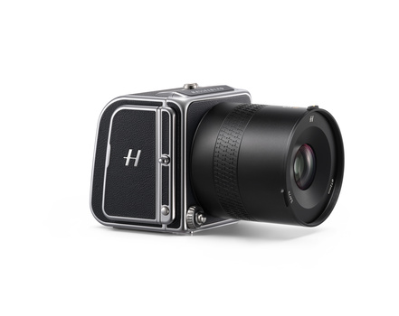 Hasselblad medium format camera with interchangeable lens mounted on the body.