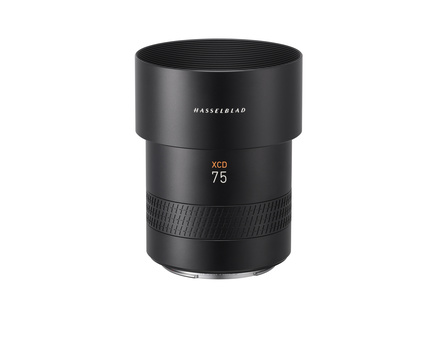 Hasselblad XCD 75mm lens against white background.