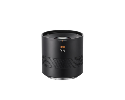 Black cylindrical camera lens with XCD 75 marking and textured focus ring.