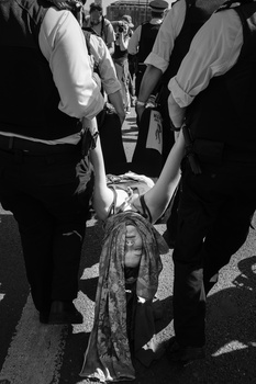 Multiple hands adjusting components on a bicycle frame in black and white.