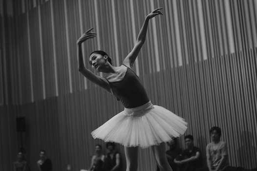 Ballet dancer in mid-leap wearing a tutu against a striped metal wall backdrop.