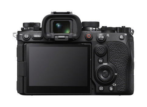 Rear view of a mirrorless camera body showing articulating LCD screen and control layout.