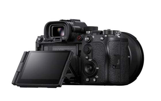 Professional mirrorless camera with articulating touchscreen display and electronic viewfinder.