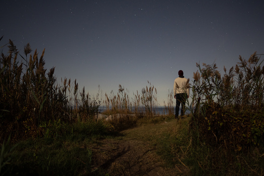 Person standing on a dirt path through tall dried reeds at dusk, facing away toward the horizon.