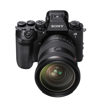Sony Alpha mirrorless camera with attached wide-angle zoom lens, front view against white background.