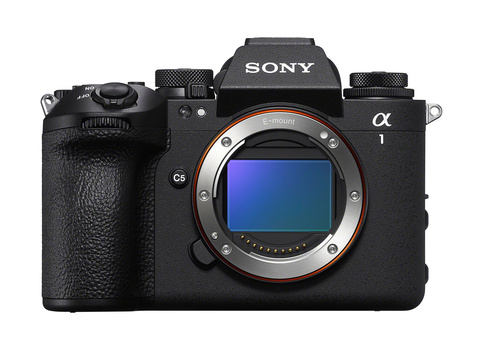 Sony α1 mirrorless camera body shown from front with sensor exposed.