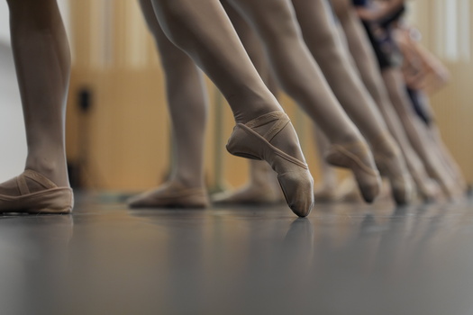 Ballet dancers in pointe shoes lined up with one dancer rising onto the balls of their feet.