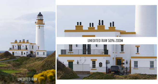 Coastal lighthouse building with comparison of unedited raw file and 50% zoom detail of architectural elements.
