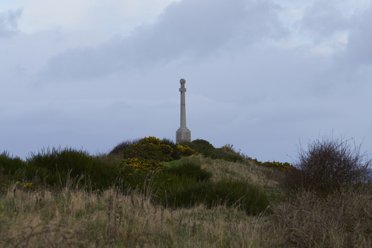 Stone monument tower atop a grassy, gorse-covered hill under overcast sky.