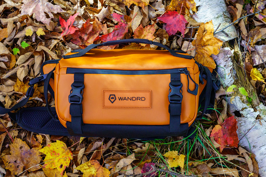 Orange and navy Wandrd camera bag resting on autumn leaves and moss-covered ground.