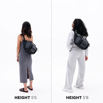 Two women of different heights wearing black shoulder bags, shown from behind to demonstrate size comparison.