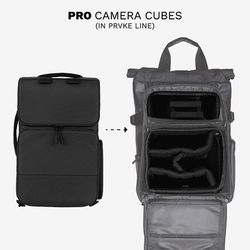 Illustration showing a Pro camera cube backpack in black with open compartments displaying internal camera storage organization.