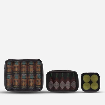 Three black organizer cases in graduated sizes containing various bottles and jars arranged in descending order.
