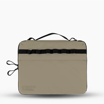 Illustration of a tan camera bag with black stripe and carry handles.