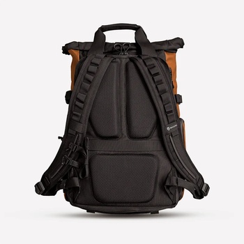Back view of a two-tone backpack with orange and black colorways, padded shoulder straps, and multiple attachment points.